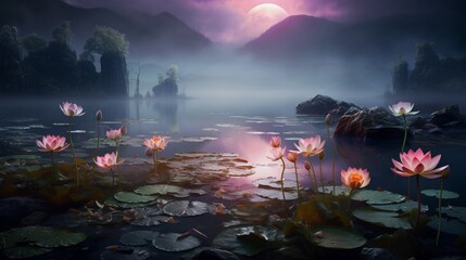 Paint a scene of Mystic Moonflowers rising above a misty lake, their presence ethereal and...