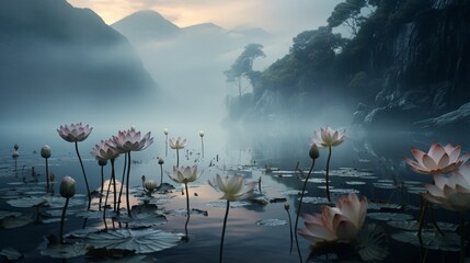 Paint a scene of Mystic Moonflowers rising above a misty lake, their presence ethereal and captivating in 8K beauty. - obrazy, fototapety, plakaty