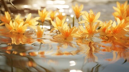 Obraz na płótnie Canvas Sunlit saffron blossoms reflecting in the clear waters of a tranquil pond, creating a stunning natural display.