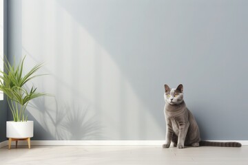  tranquil black cat sits beside a gray wall with a green plant in a white vase on a light floor - 670282730