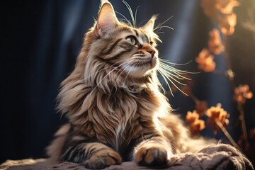 Maine Coon cat, beautiful and fluffy, sits in a dimly lit room