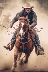 Poster Rodeo bronc rider action shot photograph, looking at camera highly detailed © Suralai