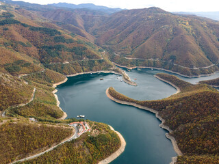 Obraz na płótnie Canvas Aerial view of Vacha Reservoir, Rhodope Mountains, Bulgaria