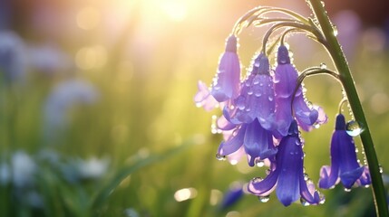 A close-up of a single, vibrant bluebell glistening with morning dew in the heart of the Eden...