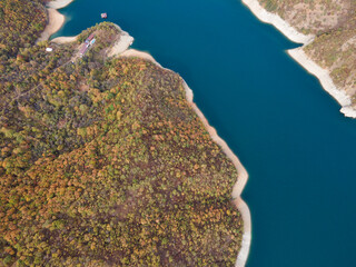 Aerial view of Vacha Reservoir, Rhodope Mountains, Bulgaria
