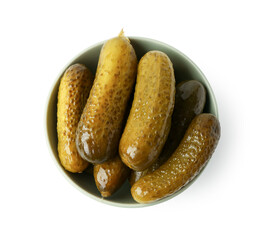 Bowl with delicious fermented cucumbers on white background