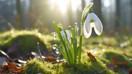 Tuinposter A close-up of a sunlit snowdrop glistening with morning dew in a garden. © Anmol