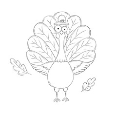 Cute funny turkey in pilgrim hat decorated with autumn leaves with beautiful tail. Simple vector illustration for festive thanksgiving day in doodle style. Coloring book for children and adults