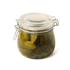 Glass jar with delicious fermented cucumbers on white background