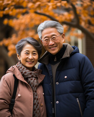 Lifestyle portrait, smiling elderly Japanese couple outdoors with flowers, wedding anniversary. promotions on married old age, grandfather and grandmother together, senior people love. Happy marriage