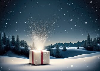 A Christmas package in a winter landscape with a magic light