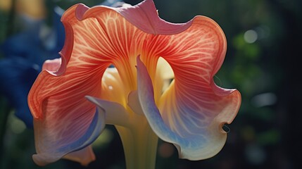 A close-up of an Angel's Trumpet flower, showcasing its intricate, trumpet-shaped blossom and...