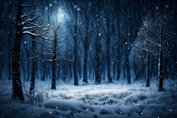snow fall in dark jungle in the moonlight, beautiful and scary scene - obrazy, fototapety, plakaty