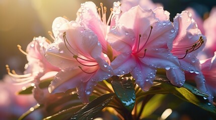 A close-up of dew-kissed Radiant Rhododendron flowers glistening in the morning sunlight.