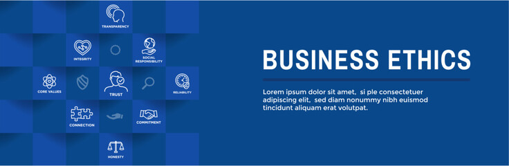 Fototapeta na wymiar Business Ethics Web Banner and Icon Set with Honesty, Integrity, Commitment, and Decision