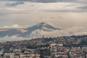 Beautiful view of the Ecuadorian capital city of Quito at sunset.