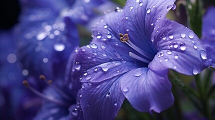 A close-up of raindrops glistening on the petals of a Celestial Campanula, capturing the beauty of...
