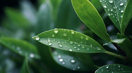 A close-up of raindrops on Myrtle leaves, glistening in the moonlight.