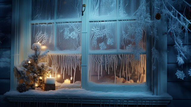 Winter frost on glass with small decorations on or behind the window © boti1985