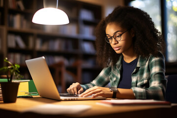 A senior female african american student is studying while wearing glasses with computer or laptop in a quiet and empty school library on a table with a bookcase in the background