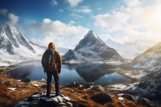 A distant photo of a male mountaineer is standing on a rock in front of a mountain lake with a thick coat on a in snow covered mountain hill with a trail of footsteps on a sunny day