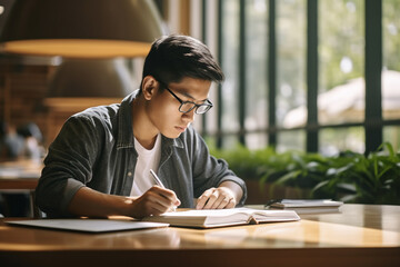 A senior male asian student is studying while wearing glasses with an tablet in a quiet and empty school library on a table while writing on a notebook