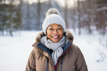 Fototapeta na wymiar A senior african american woman is posing in front of the camera happily with a winter coat and a winter hat in a in snow covered forest during day in winter while snowing