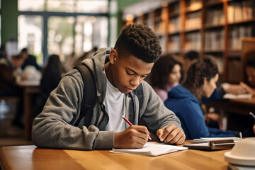 A young male african american student is studying concentrated with an tablet in a busy school library on a table while writing on a notebook
