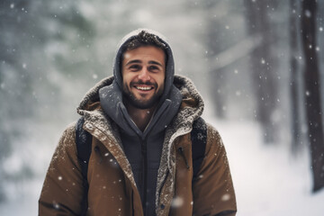 Fototapeta na wymiar A young caucasian male is walking happily with in a winter coat with a winter hat in a in snow covered forest during day in winter while snowing
