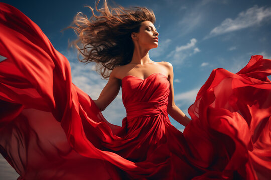 A beautiful stunning latin woman is wearing a dress with eyes closed with flying waving red fabric with a sky as background ; a full waving red dress - Powered by Adobe