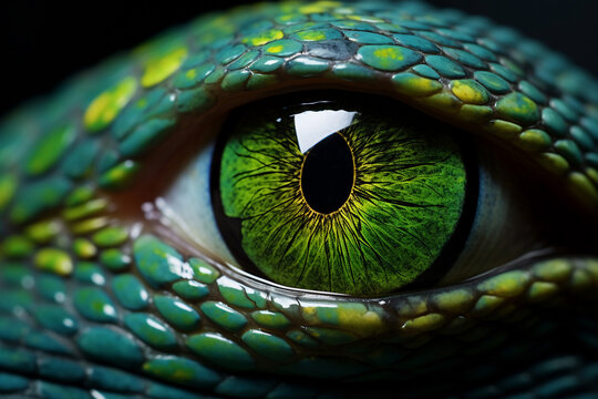 A close up of a snake eye: is a stunning photo macro with of an eyeball with a green iris and round shaped pupil and dark scaly skin : a detailed eyeball close up