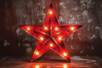 Large red retro star with burning lights on a grunge background. Beautiful Christmas decor with modern design concept. Generative AI