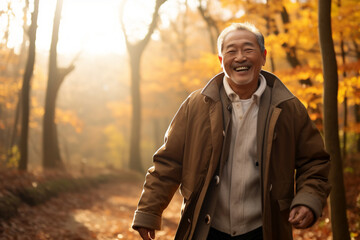 Obraz premium A senior asian man is walking happily with an autumn coat in a forest during sunset in autumn with no leaves on the trees
