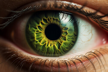 A close up of a female human eye: is a stunning photo macro with of an eyeball with a green iris and a dark skin : a detailed eyeball close up