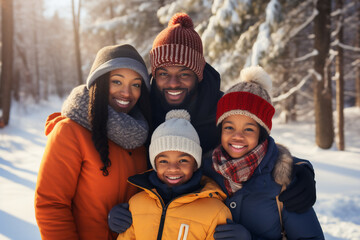 A happy african american family is posing playfully in front of the camera with winter coats and wearing winter hats in a in snow covered forest during a bright day in winter on a sunny day