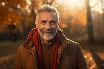 A senior caucasian man is posing in front of the camera happily with an autumn coat in a forest during sunset in autumn with no leaves on the trees