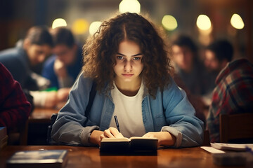 A young female latin student is studying concentrated with a tablet in a busy school library on a table while writing in a notebook - obrazy, fototapety, plakaty