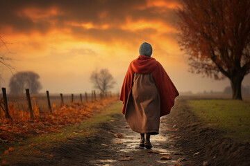 A senior african american woman is walking happily with an autumn coat in a country landscape during sunset in autumn with no leaves on the trees - Powered by Adobe