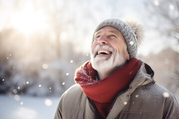 Fototapeta premium A senior caucasian male is playing happily with the snow with in a winter coat with a winter hat in a in snow covered country landscape during day in winter on a bright and sunny day