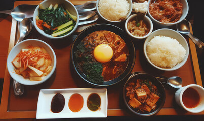 Traditional korean dinner with bibimbap, vegetables, seafood, meat and rice 