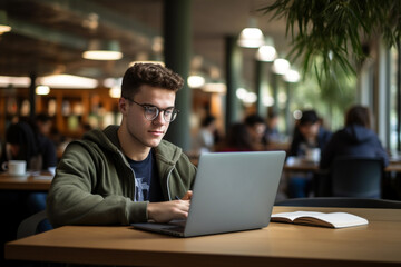 A young male caucasian student is studying while wearing glasses with computer or laptop in a busy school library on a table with a bookcase in the background