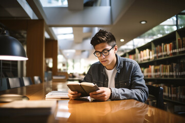 Fototapeta premium A senior male latin student is studying while wearing glasses with an tablet in a quiet and empty school library on a table with a bookcase in the background