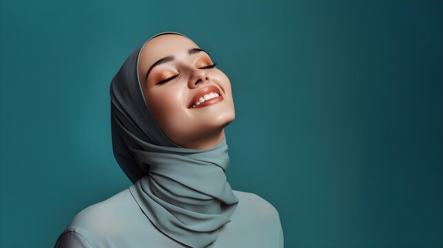 Portrait of a Happy and Beautiful Muslim Woman with Headscarf, Radiating Positivity and Grace. Generative Ai illustration 