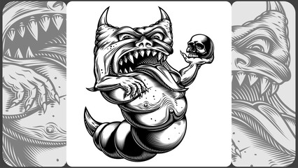 Horned monster holds a skull. Fat folds. Open mouth with sharp teeth. Vector illustration in the styles of engraving, hatching, dark line art, horror. For printing, Halloween, mascot, tattoo. No AI