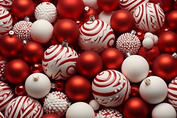 Arranged red & white Christmas ornaments in 3D. Generative AI