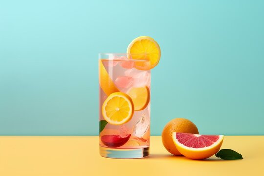 Colorful drink with citrus fruit on a plain background. Generative AI