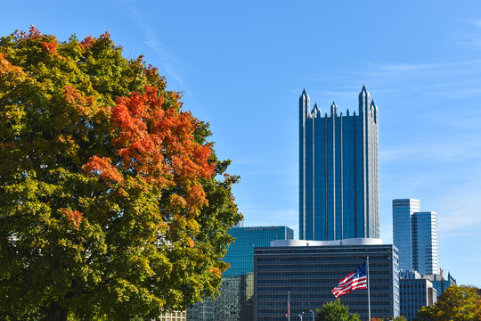 Orange fall foliage at Point State Park on a sunny day on October 17, 2020 in Pittsburgh, Pennsylvania