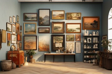Bright gallery space with storage and ornaments, frame samples. Generative AI