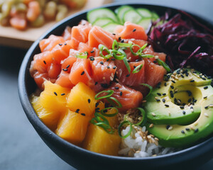 Closeup of a fresh poke bowl with salmon, mango, avocado, cucumber, red radish on white rice. Healthy eating recipe.  - obrazy, fototapety, plakaty
