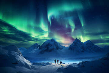 A distant photo of a group of tourist mountaineers and their guide are standing on the top of a mountain with thick coats on a in snow covered mountain hill with northern lights with trails of footste - obrazy, fototapety, plakaty